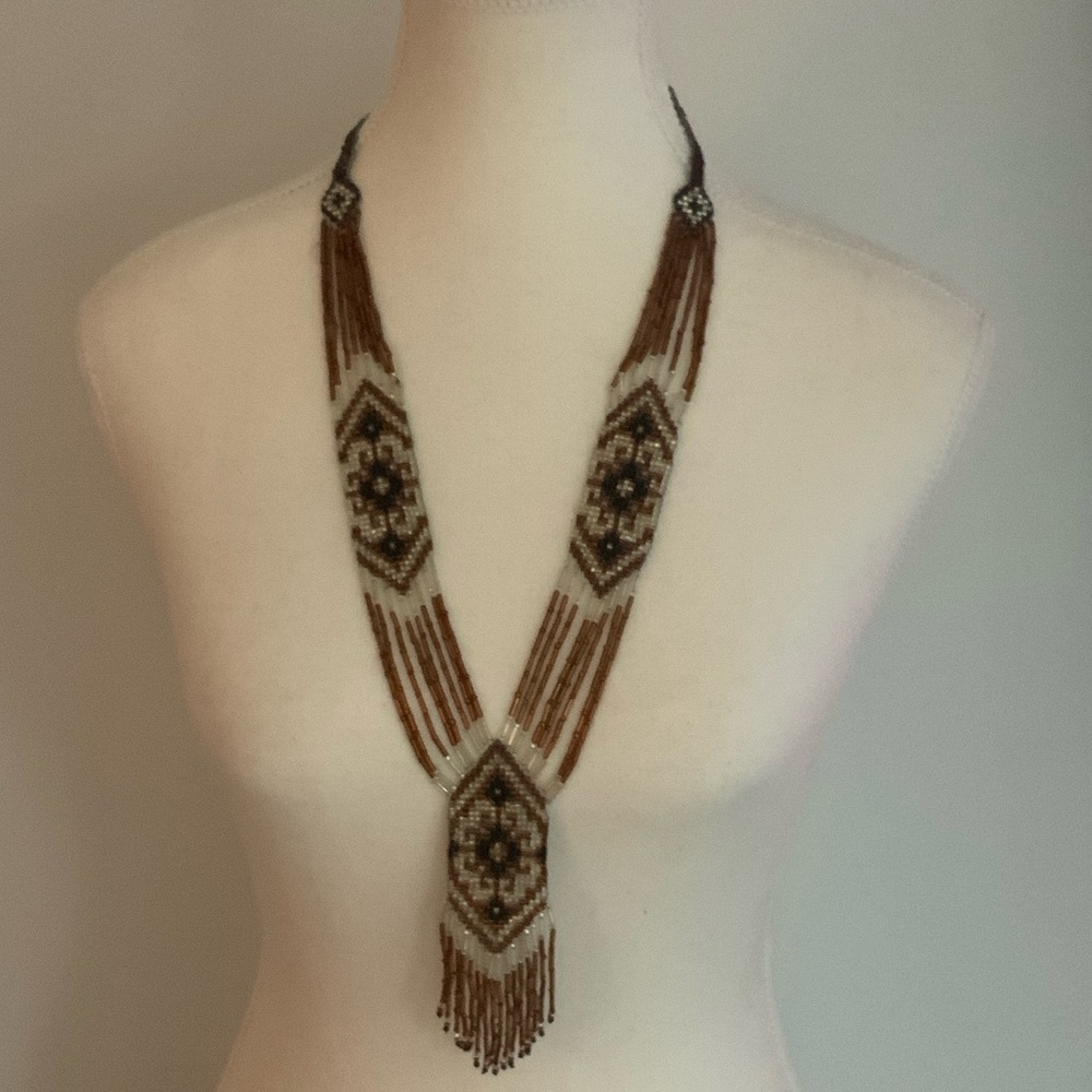Vintage Ukrainian Gerdhan Beaded Necklace in Brown, Black and Cream